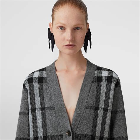 burberry authentic burberry mid grey melange check knit wool|Check Wool Blend Cardigan in Snug .